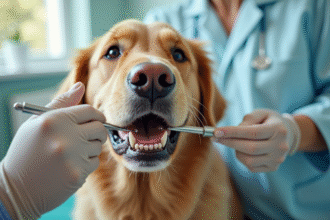 Chien retriever chez le veterinaire avec dents saines