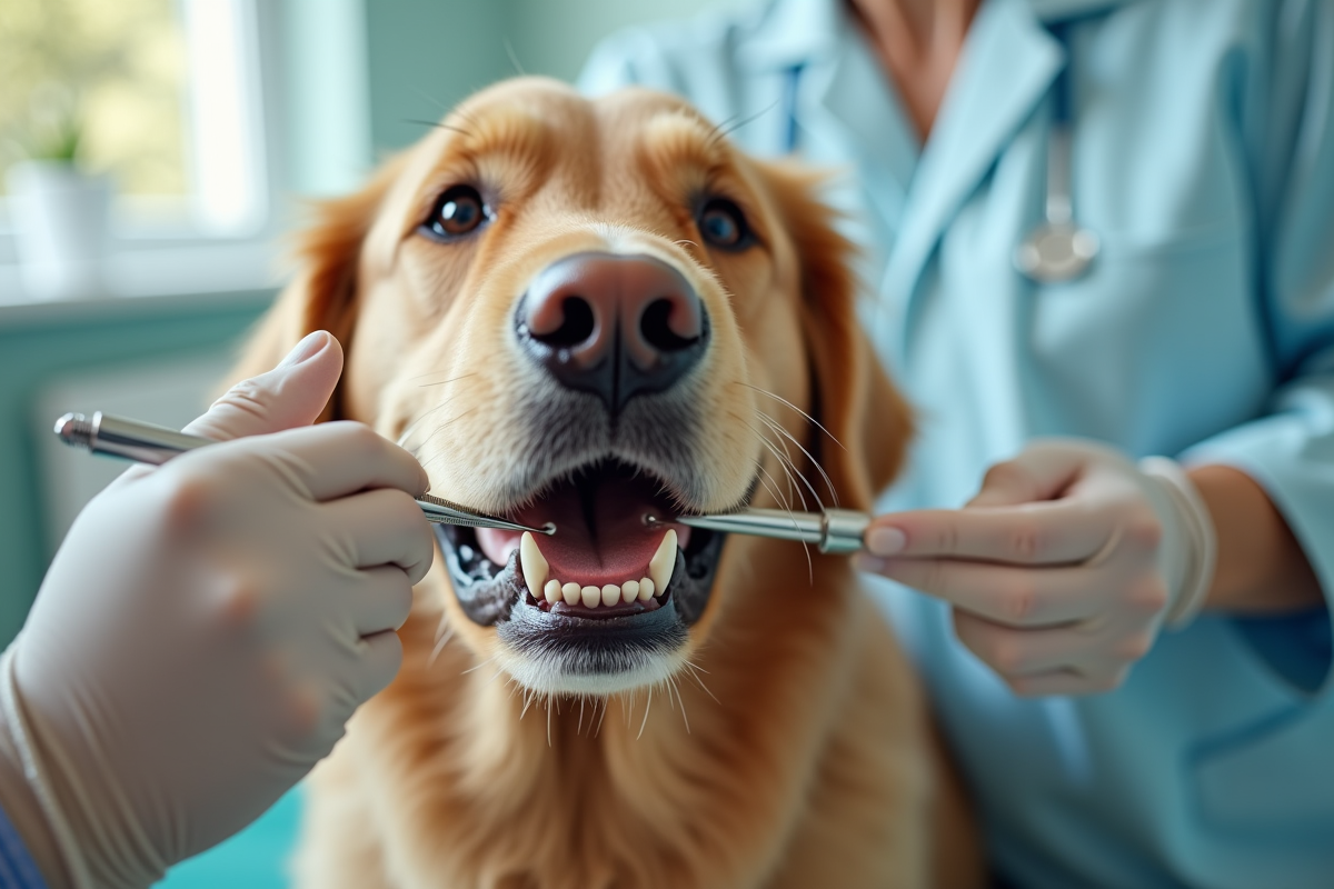 Chien retriever chez le veterinaire avec dents saines