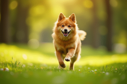 Chien finlandais spitz courant dans un parc ensoleille
