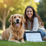Chien golden retriever souriant assis dans l'herbe verte avec une femme