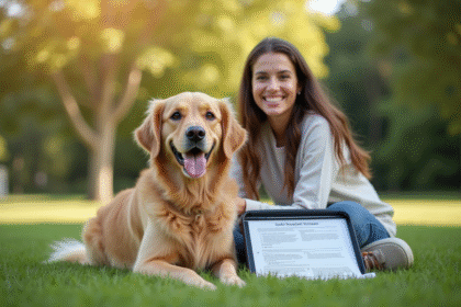 Chien golden retriever souriant assis dans l'herbe verte avec une femme