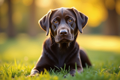 Labrador retriever assis dans un parc ensoleille
