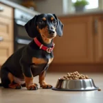 Chien miniature dachshund assis sur un sol de cuisine moderne