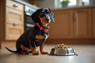 Chien miniature dachshund assis sur un sol de cuisine moderne