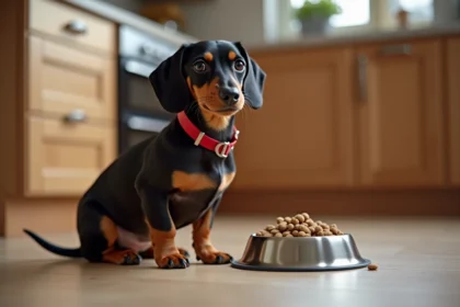 Chien miniature dachshund assis sur un sol de cuisine moderne