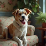 Chien vieux et curieux assis sur un sofa floral intérieur