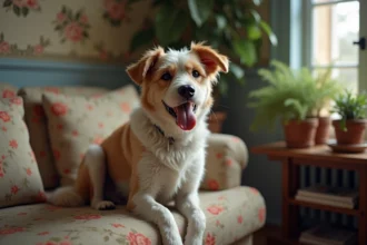 Chien vieux et curieux assis sur un sofa floral intérieur
