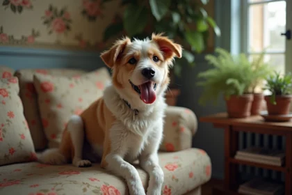 Chien vieux et curieux assis sur un sofa floral intérieur