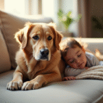 Chien retriever doré reposant sur un canapé avec un enfant