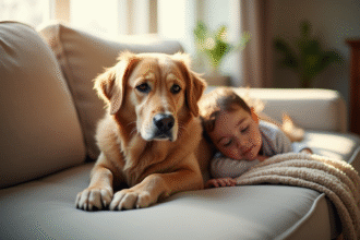 Chien retriever doré reposant sur un canapé avec un enfant