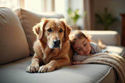 Chien retriever doré reposant sur un canapé avec un enfant