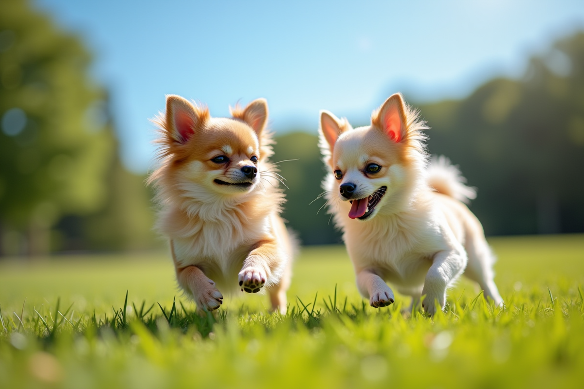 Deux chihuahuas jouant dans un parc en plein air