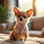 Petit chihuahua assis sur un canapé dans un salon moderne