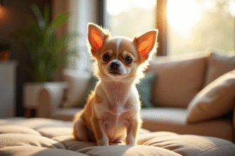 Petit chihuahua assis sur un canapé dans un salon moderne