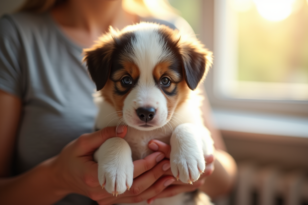 Un chiot Australian Shepherd tenu dans les mains à l