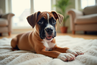 Chiot boxer joueur sur un plaid en salon lumineux