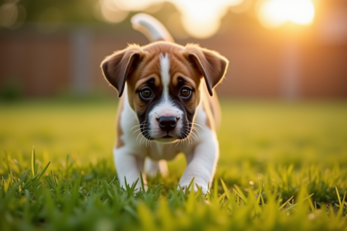 Chiot boxer curieux explorant un jardin en fin d