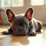 Chiot bulldog francais allongé sur sol en bois ensoleillé