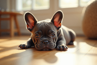 Chiot bulldog francais allongé sur sol en bois ensoleillé