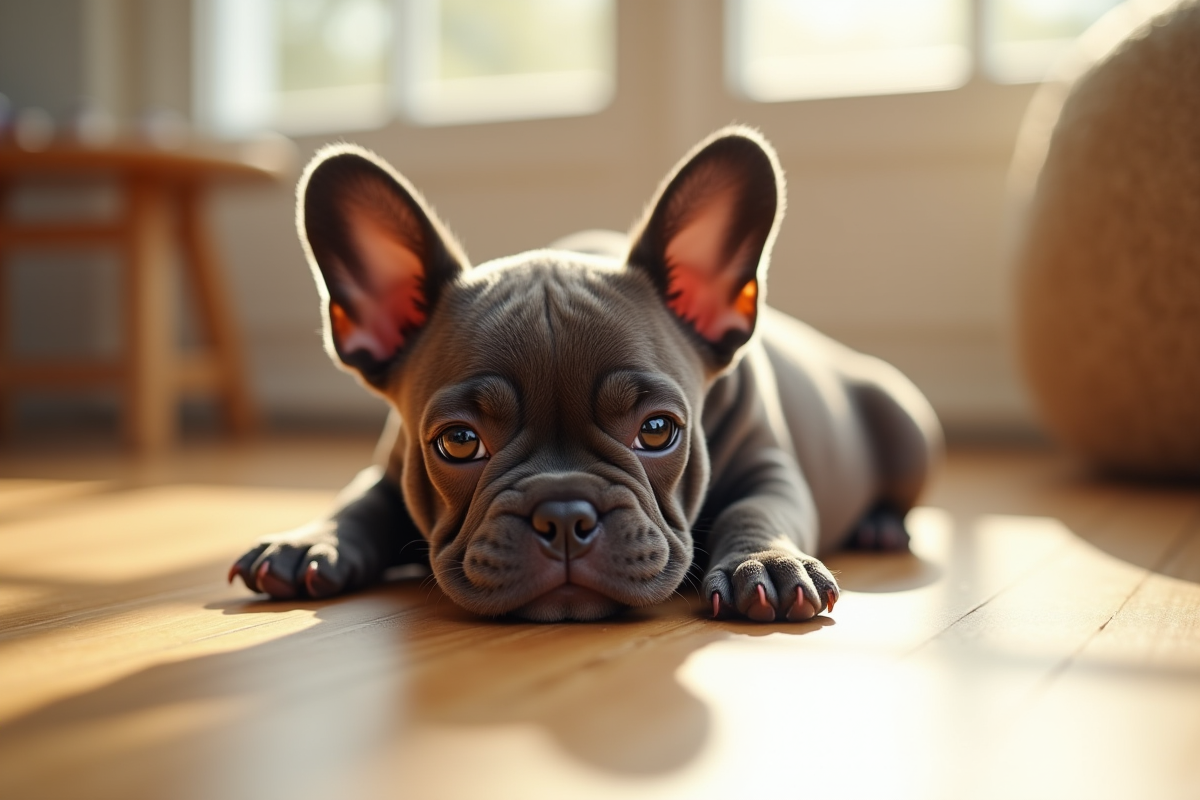 Chiot bulldog francais allongé sur sol en bois ensoleillé