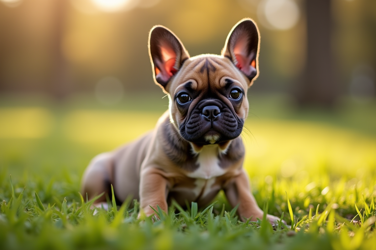 Chiot bulldog francais assis sur herbe dans un parc au matin