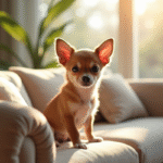 Chiot chihuahua sur canapé élégant en lumière naturelle
