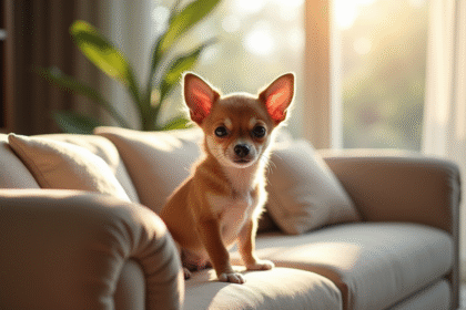 Chiot chihuahua sur canapé élégant en lumière naturelle