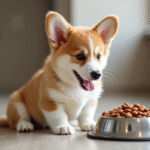 Chiot corgi assis près d'une gamelle de nourriture saine
