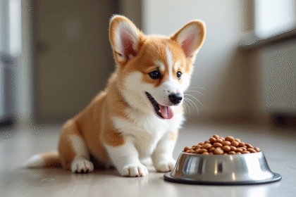 Chiot corgi assis près d'une gamelle de nourriture saine