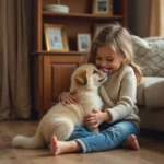 Chiot Eurasier bébé assis sur les genoux d'une petite fille souriante dans un salon familial cosy