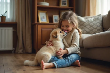 Chiot Eurasier bébé assis sur les genoux d'une petite fille souriante dans un salon familial cosy