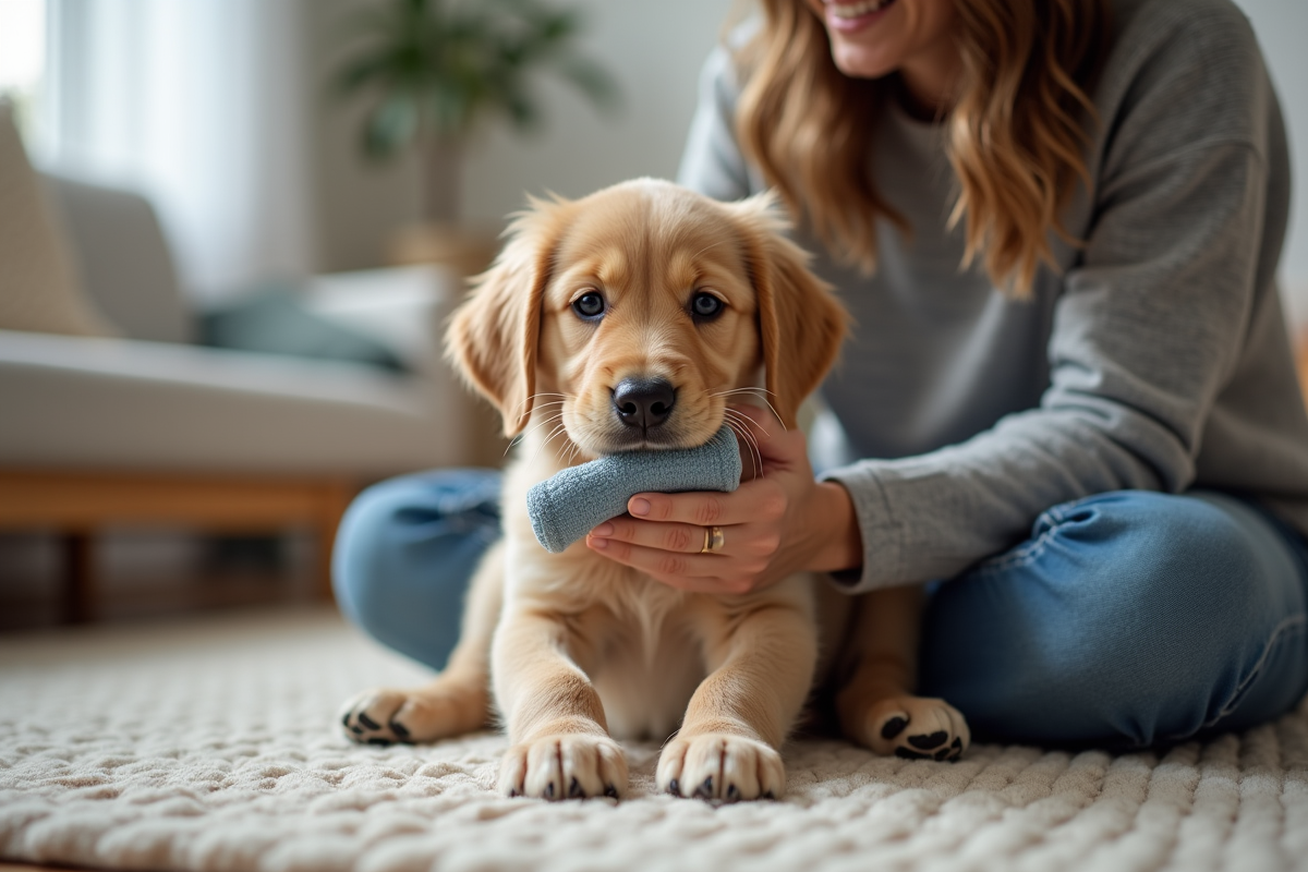 Chiot golden retriever de trois mois avec une femme dans un salon