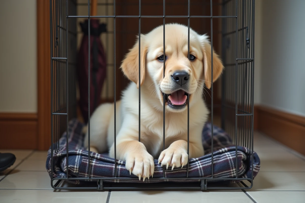 Chiot labrador qui pleure dans sa caisse la nuit dans un couloir de maison