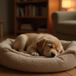 Chiot golden retriever qui pleure seul sur son coussin la nuit dans un salon