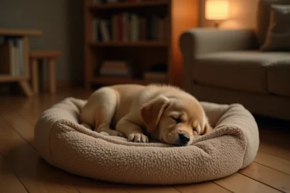 Chiot golden retriever qui pleure seul sur son coussin la nuit dans un salon