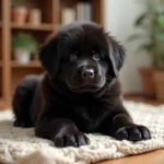 Chiot Terre Neuve de 10 semaines assis sur une couverture crème dans un salon chaleureux