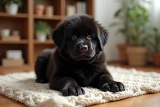 Chiot Terre Neuve de 10 semaines assis sur une couverture crème dans un salon chaleureux
