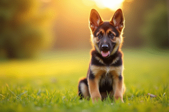 Jeune chiot berger allemand assis en plein air au matin