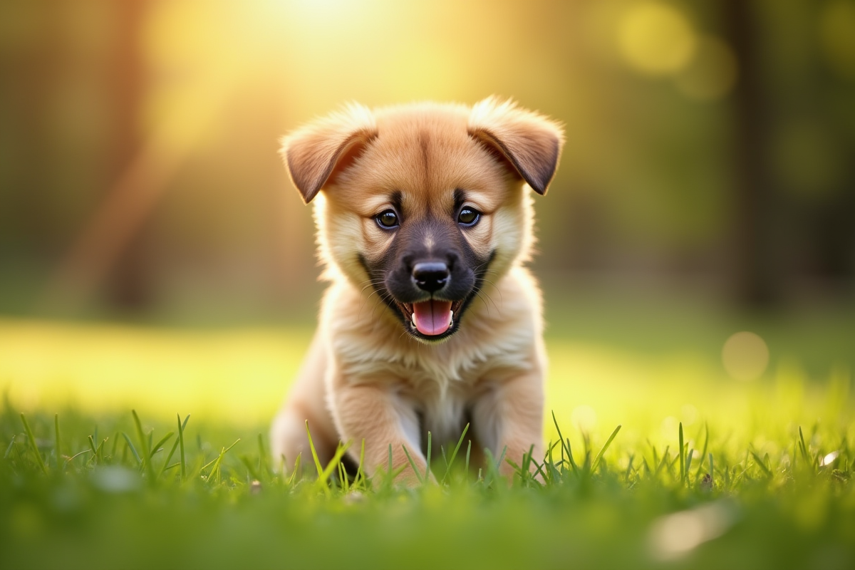 Chiot joueur dans un parc vert ensoleille