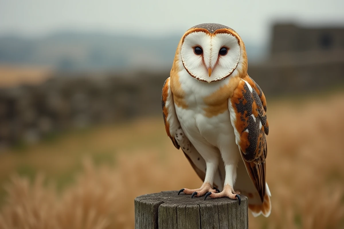 Chouette effraie aux plumes détaillées perchée sur un poteau en bois dans la campagne, pour illustrer les prénoms d'oiseaux sauvages
