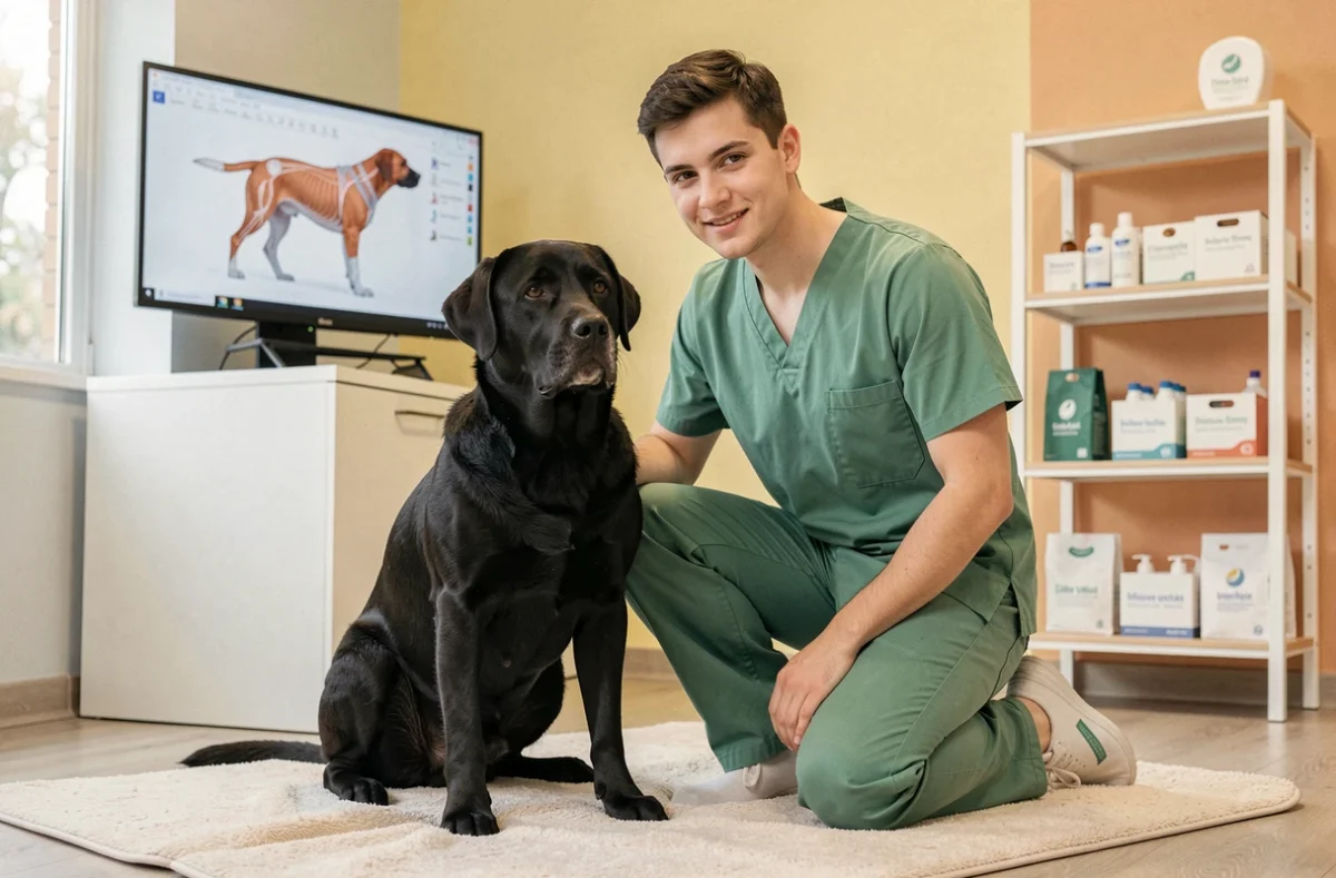 Vétérinaire en scrubs verts accroupi auprès d'un labrador noir dans la clinique Be My Vet à Avrillé