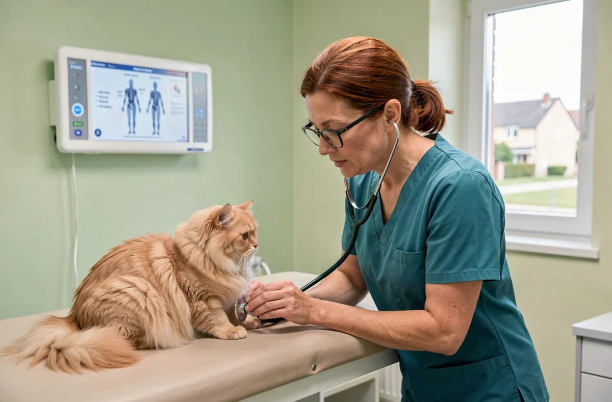 Vétérinaire écoutant le cœur d'un chat persan avec un stéthoscope dans la clinique C'Vet aux Ponts-de-Cé