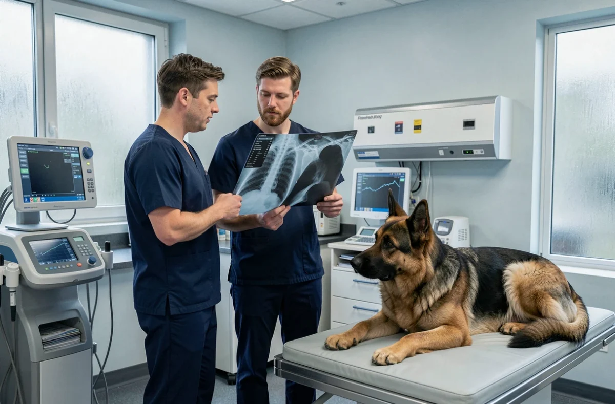 Deux vétérinaires de la Clinique Argos analysent une radiographie d'un berger allemand