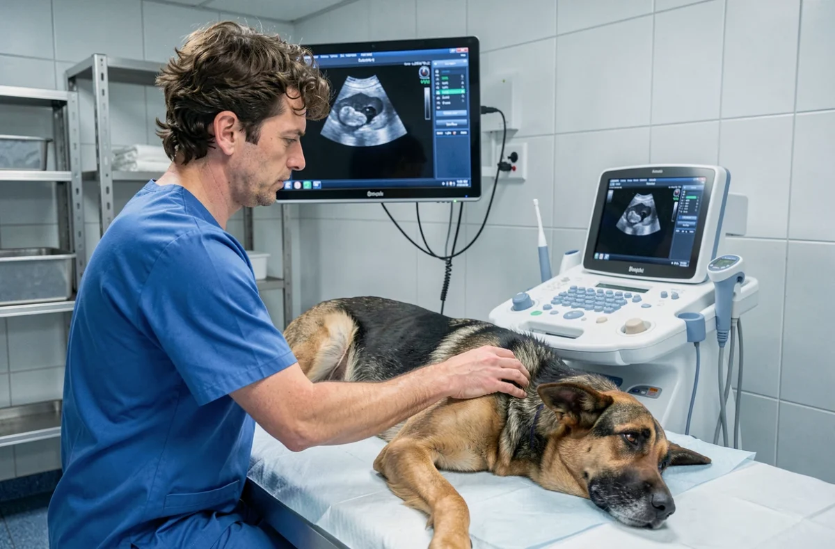 Vétérinaire réalisant une échographie sur un berger allemand dans la clinique du Couasnon à Mazé-Milon