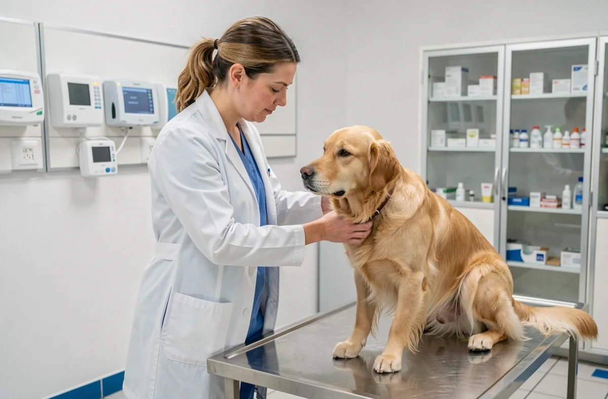Vétérinaire examinant un golden retriever dans la salle de consultation de la Clinique Grand Maine à Angers