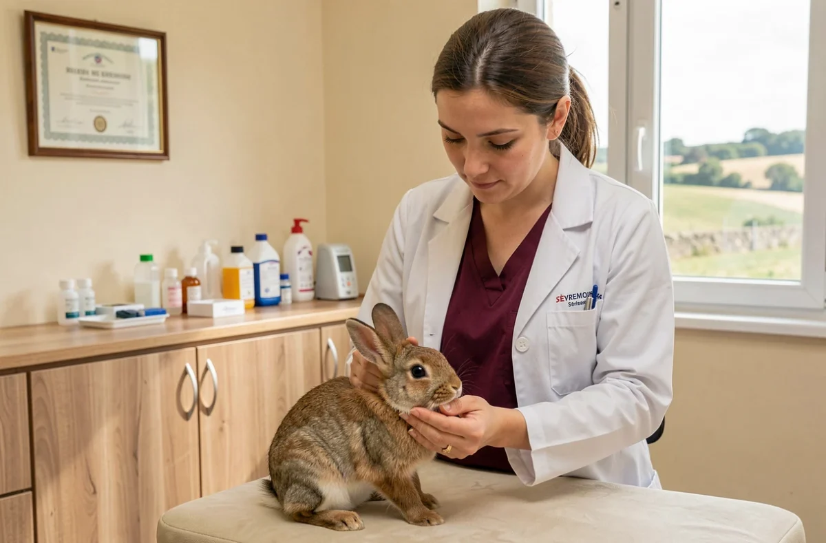 Vétérinaire tenant délicatement un lapin en consultation dans la clinique Marie Curie à Sèvremoine
