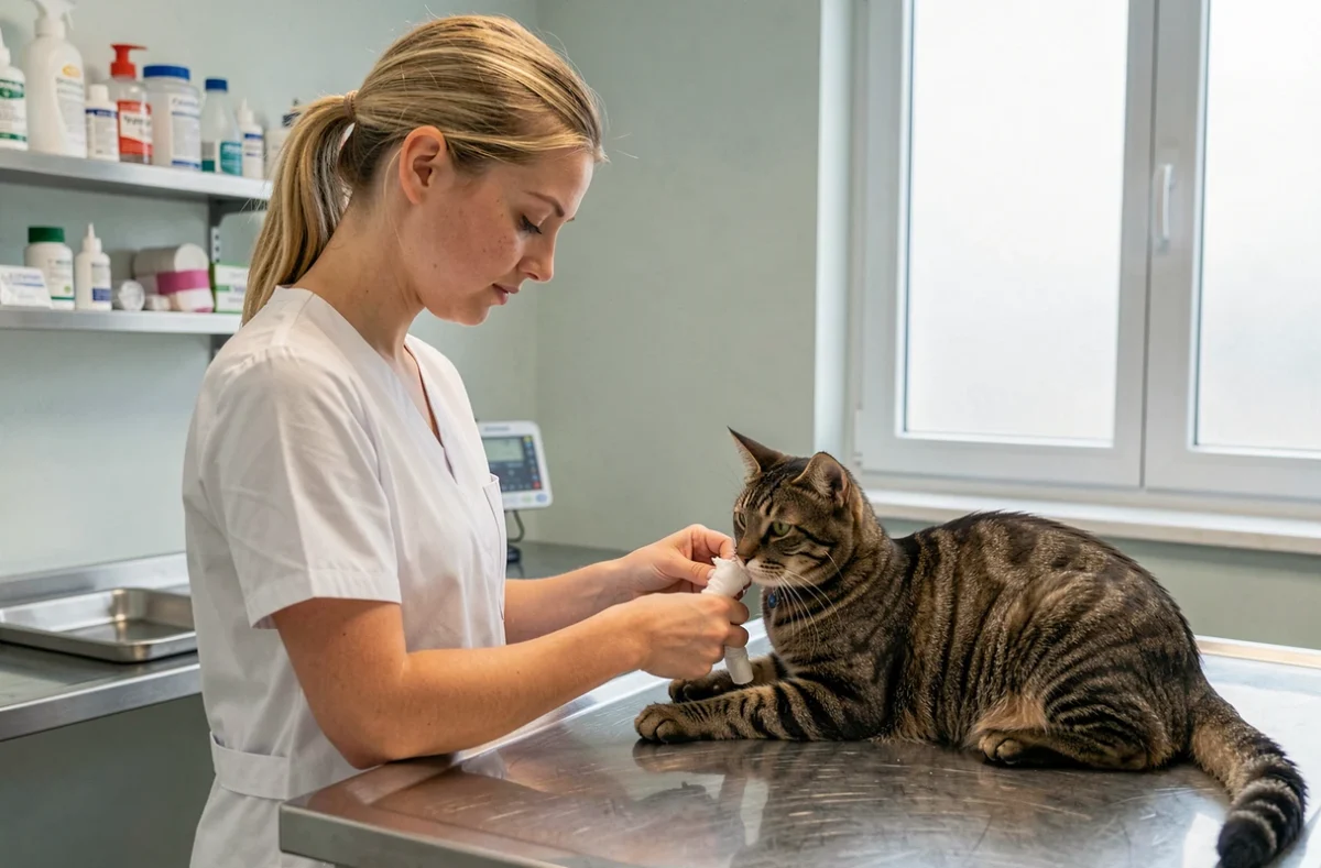 Vétérinaire soignant la patte d'un chat roux dans la clinique vétérinaire PK3 à Cholet
