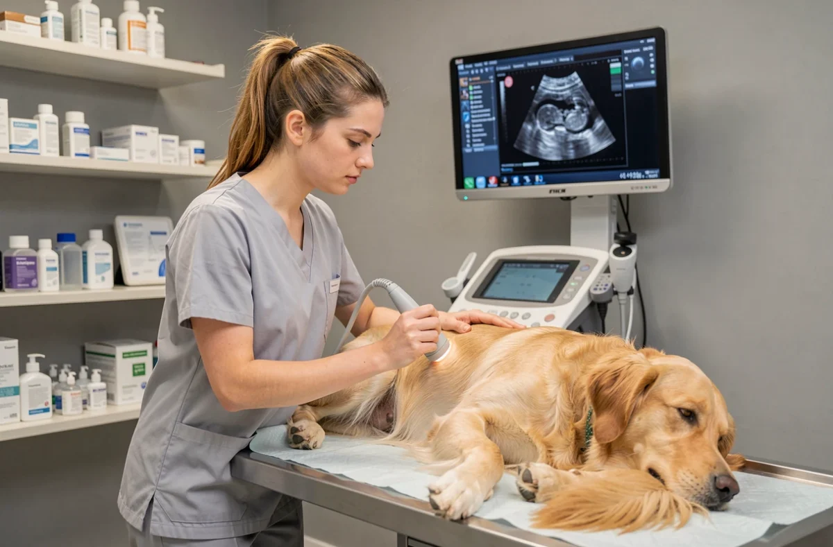 Une vétérinaire effectue une échographie sur une golden retriever gestante à la Clinique de Villenave-d'Ornon