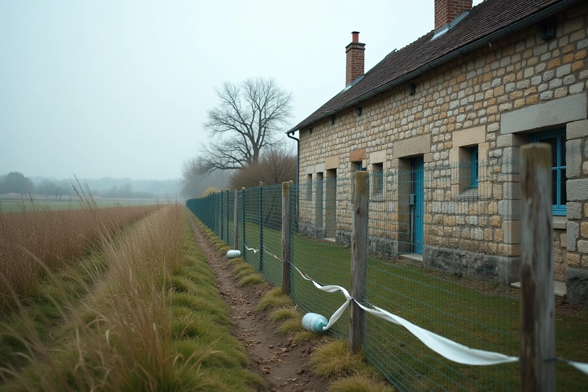 Clôture de protection autour d'une ferme en pierre avec des dispositifs répulsifs contre les sangliers et traces de passage