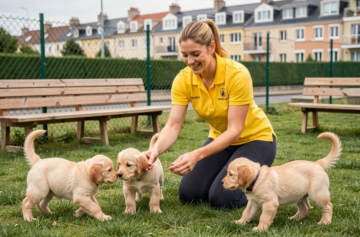 Éducatrice du club canin de Neuilly-sur-Marne guidant de jeunes chiots lors d'une séance de socialisation en plein air